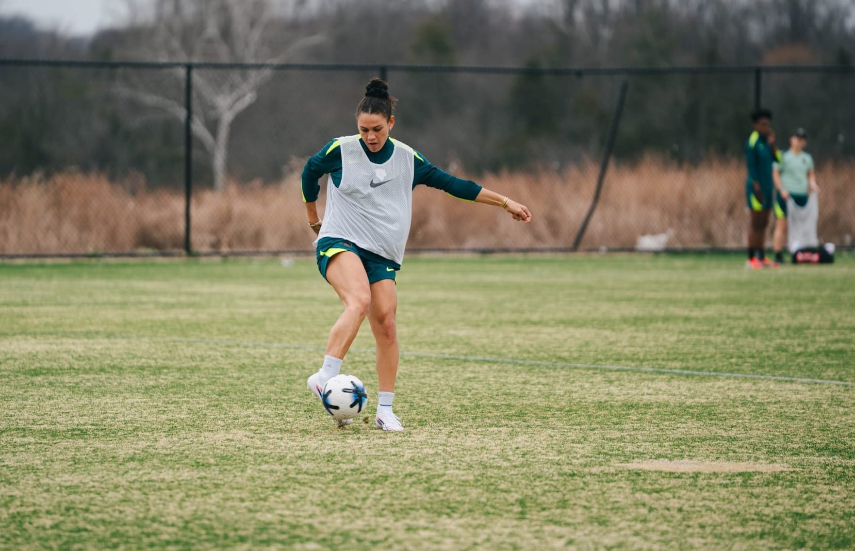 A photo of Trinity Rodman controlling the ball during the Washington Spirit's training session Tuesday.