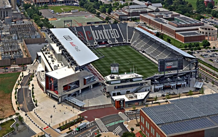 A photo of Audi Field from the north, and high above the stadium.